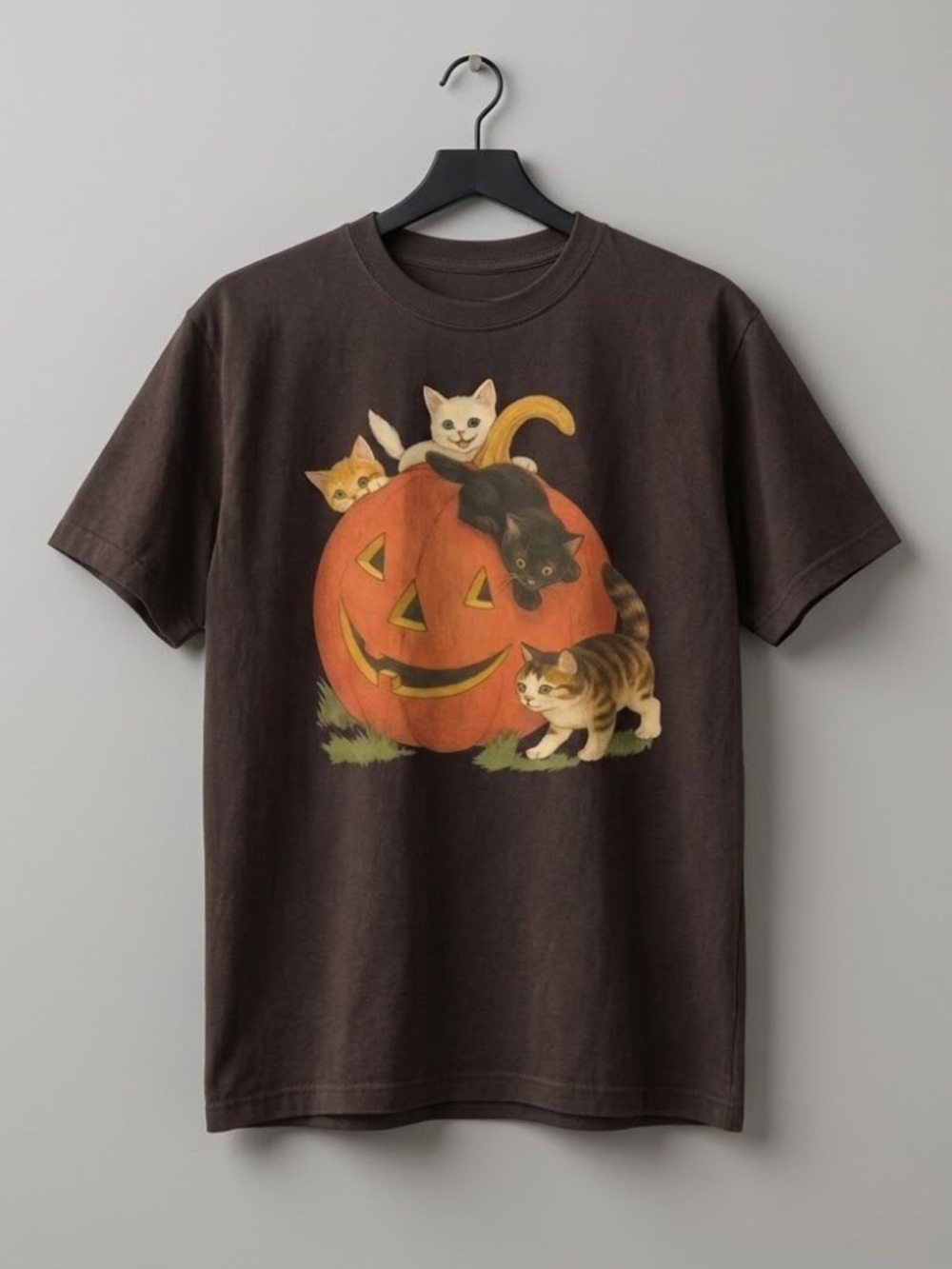 Halloween Pumpkin with Kittens 90s Graphic Tee - Dark Chocolate